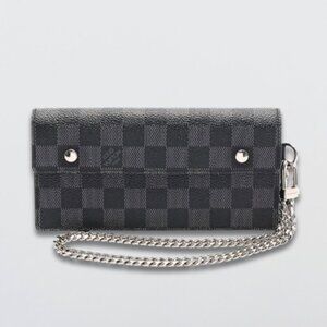 Louis Vuitton Black Checkered Wallet with Silver Chain